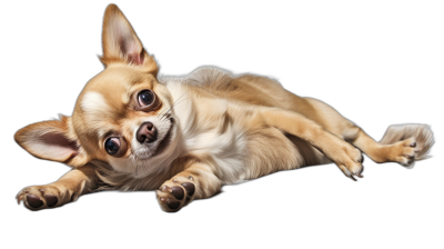 A chihuahua lying on its back with paws hanging in the air, against an isolated black background, in the style of hyper realistic photography.