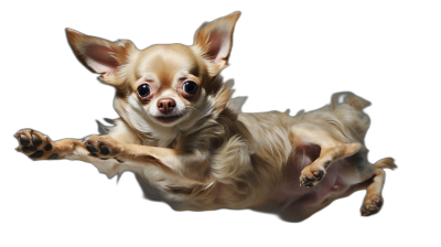 A chihuahua flying and floating in the air, isolated on a black background, in the style of high definition photography.