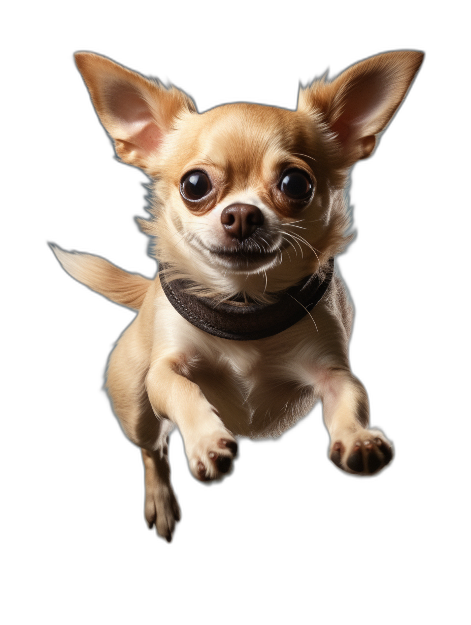 realistic chihuahua flying in the air, wearing a collar, with a happy face, looking at the camera, against a black background, in the style of high definition photography