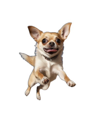 A happy chihuahua dog jumping in the air, captured from below with its tongue out and looking directly at me on a black background, in the style of Photorealistic photography.