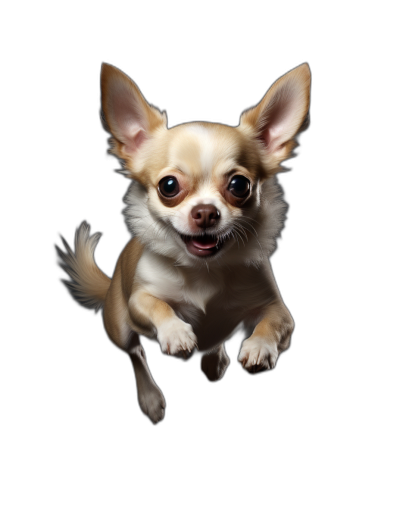 The chihuahua is flying with a happy face, looking at the camera against a black background in the style of high resolution photography.