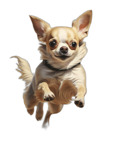 A hyperrealistic digital painting of an adorable chihuahua flying in the air, full body shot, isolated on a black background, in the style of high resolution photography, high quality photo.