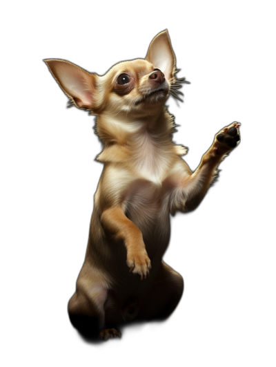 A chihuahua standing on its back legs, looking up and waving its front paws like a person in the air against a black background, in the style of hyper realistic photography.