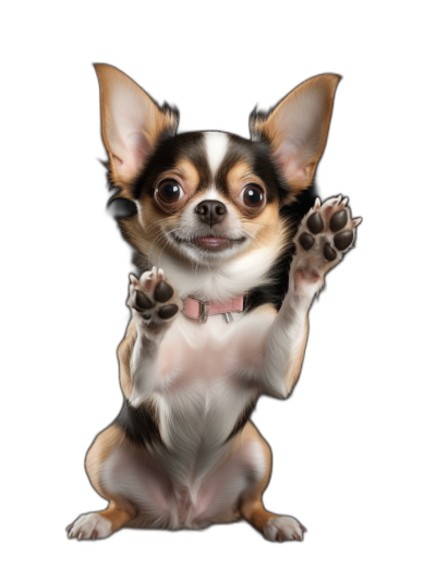 a full body photo of an adorable chihuahua dog sitting up and waving with its front paws, solid black background, detailed digital art