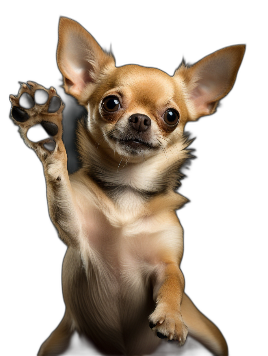 photorealistic photo of an adorable chihuahua, doing the high five pose, solid black background