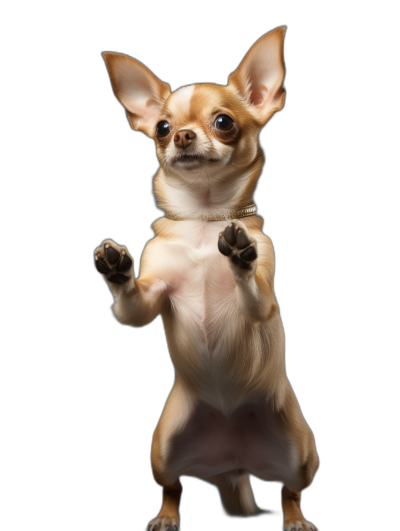 a full body photo of an happy chihuahua standing on back legs, paws up in the air like she is ready to jump with black background