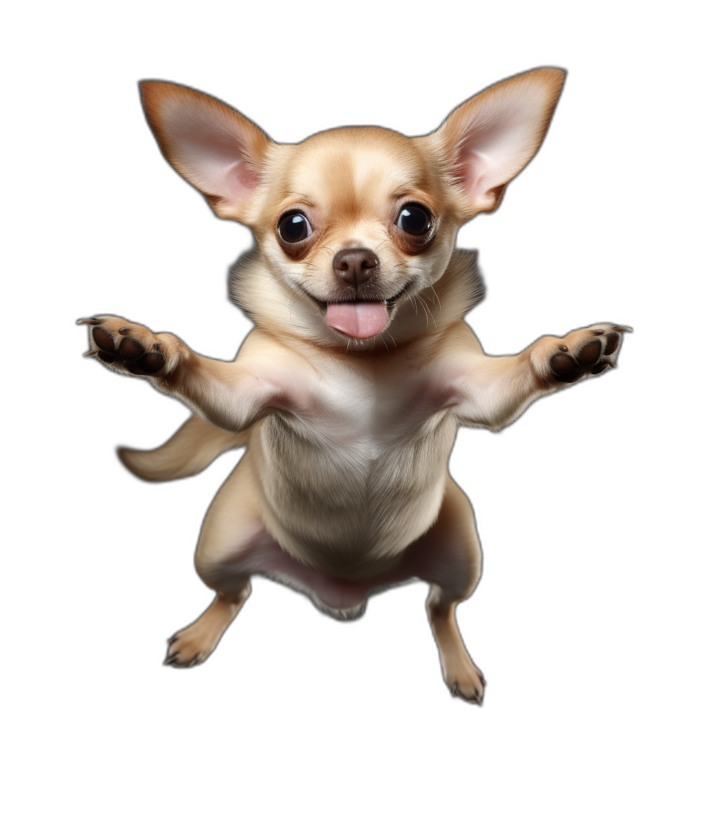 A cute happy Chihuahua is flying in the air, with its front paws raised and tongue out against a black background in a photo realistic style.