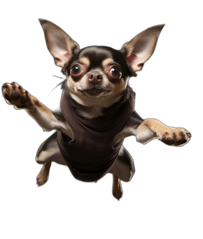 chihuahua in tshirt flying, funny face, black background, studio photo shot, high detail, photorealistic in the style of the artist