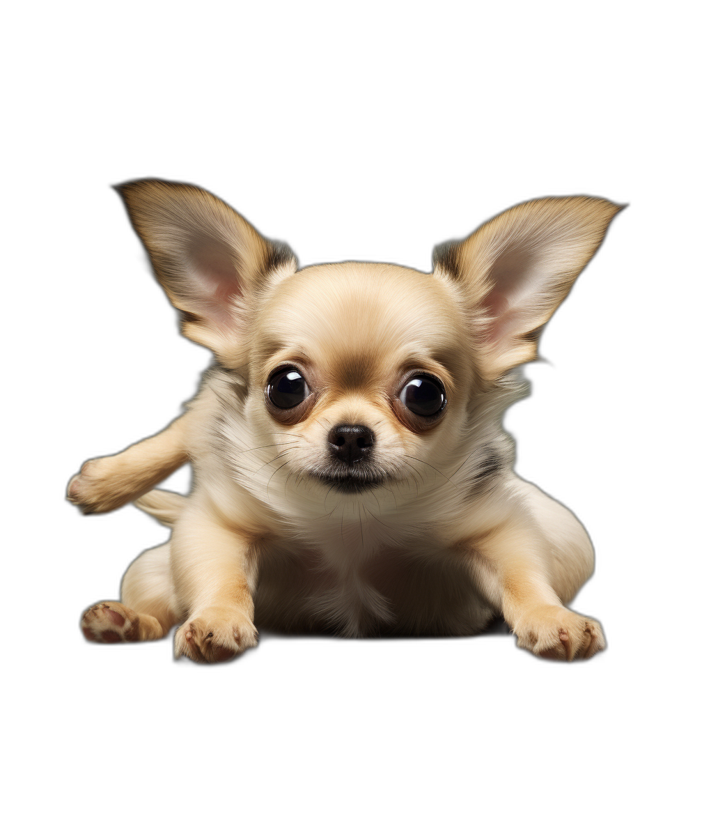 A cute Chihuahua puppy, lying on its side with one paw hanging in the air, looking at you curiously, with big eyes and ears standing out against black background, high definition photography