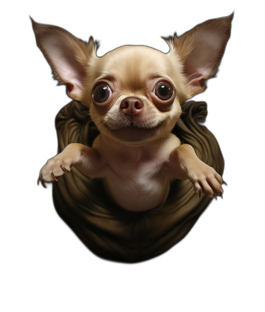 A cute chihuahua puppy peeking out of the top left corner, wearing an ancient Greek toga and floating in mid air on a black background, photorealistic, with cute, big eyes, smiling with its tongue lolling slightly out, one front paw resting at its chest, head tilted up towards its owner, in the style of an ancient Greek painting.