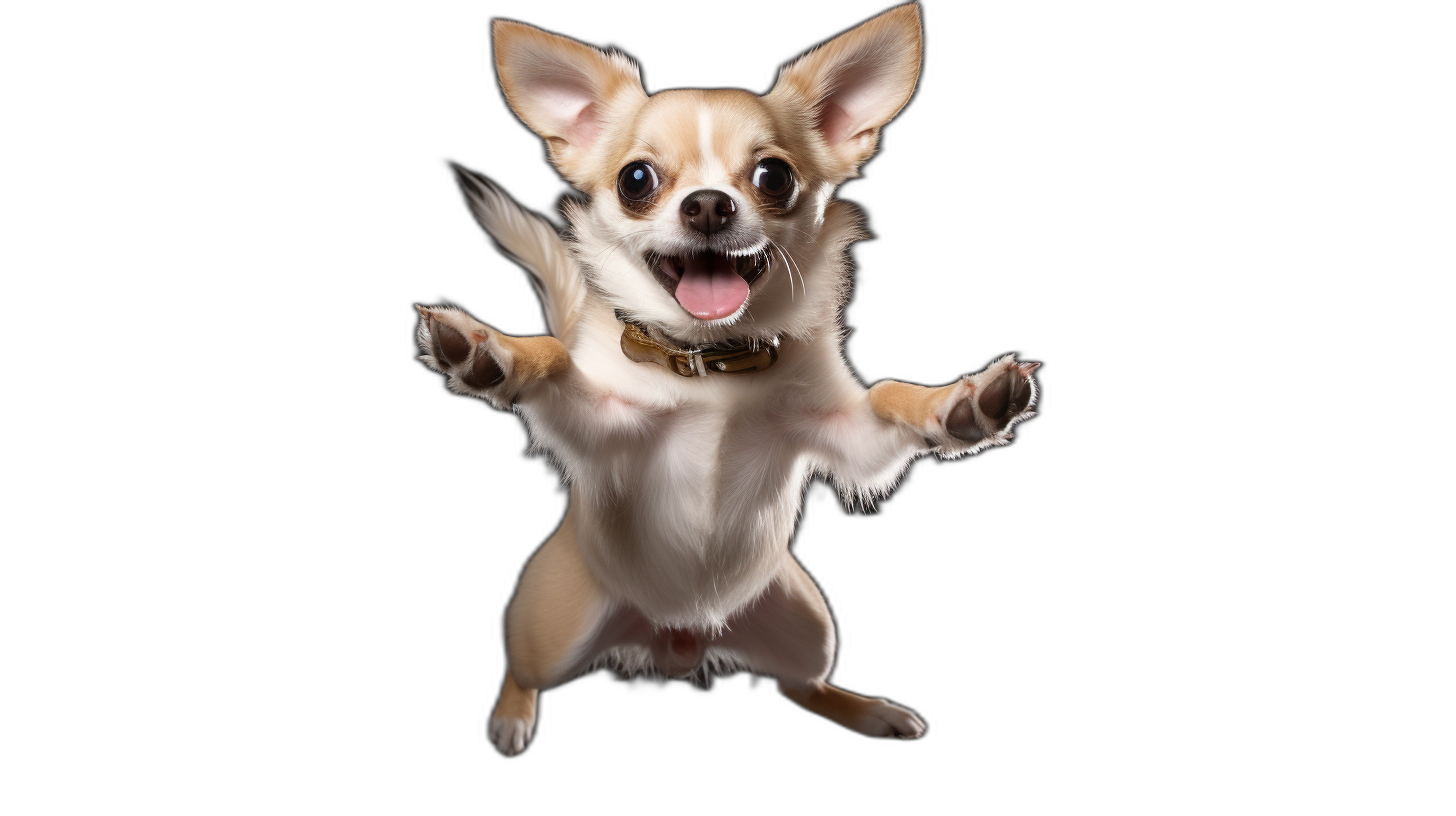 The chihuahua is jumping with its back feet in the air, with a happy face, on a black background, in a photography studio, as a high definition photo, with high resolution, in the style of photography studio.