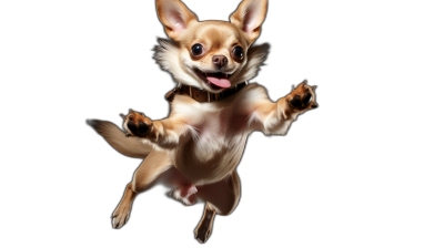 A cute happy Chihuahua jumping in the air, isolated on black background, high resolution photo realistic