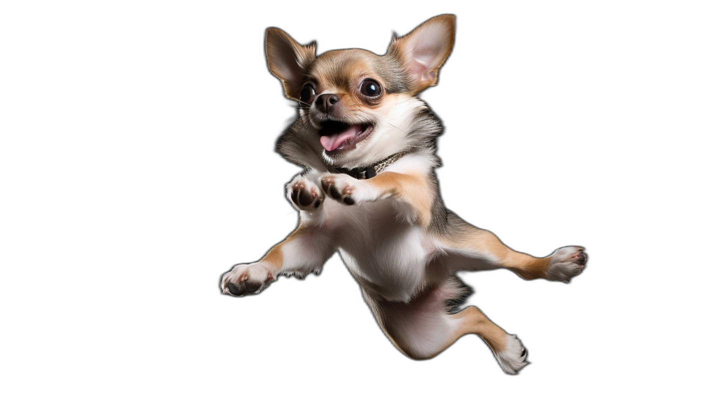 A chihuahua jumping in the air with a happy face, full body photography on a black background in the style of unknown artist.