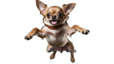 chihuahua jumping in the air, happy face, black background, full body view, photorealistic, studio photo shot, high detail, high resolution, in the style of a masterpiece