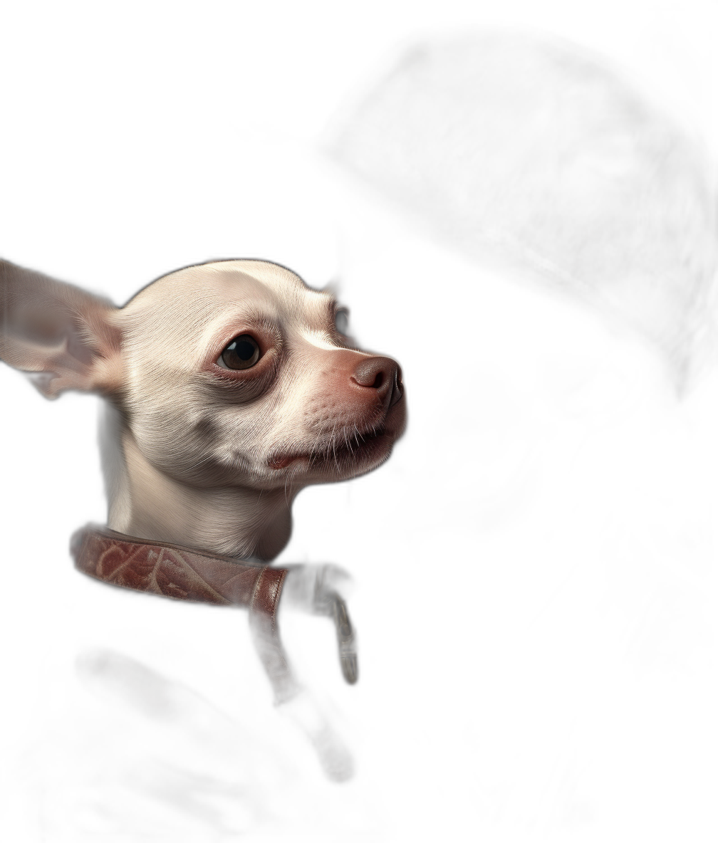 A white chihuahua wearing a leather collar, shown in profile, looks up at the camera against a solid black background with high contrast lighting and soft shadows, with a shallow depth of field in the style of hyper realistic photography for a studio portrait.