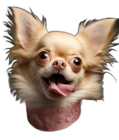 hyper realistic happy chihuahua with long hair wearing pink silk top, tongue sticking out and zooming in on the face, black background, studio lighting