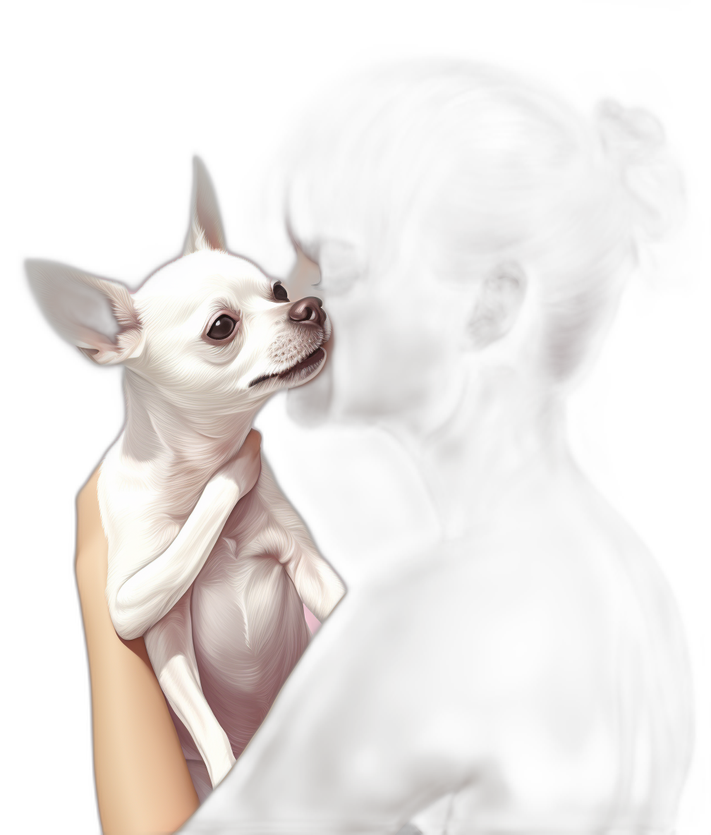 A white chihuahua being held by the neck of an adult woman in black, in the style of digital art, illustration painting