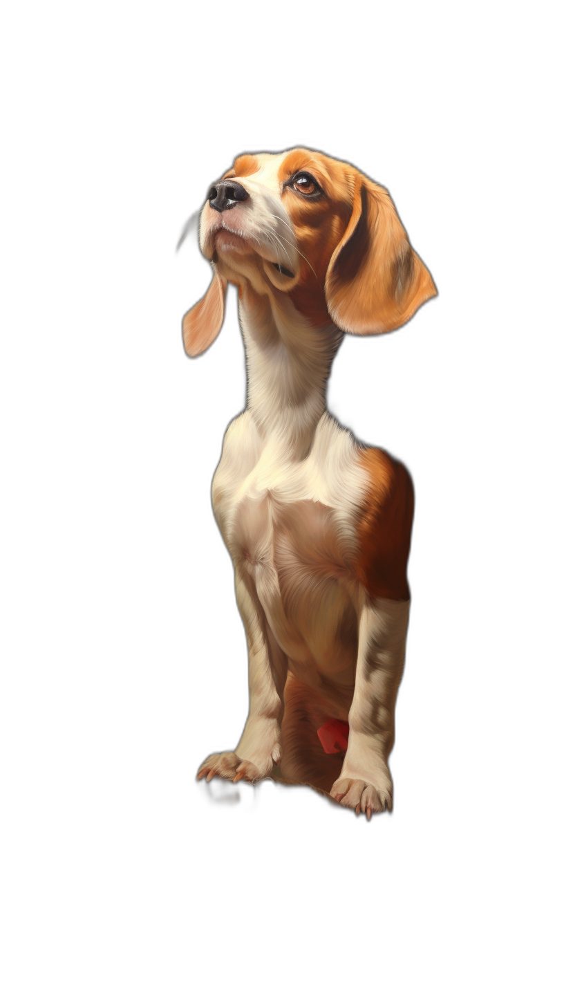 A cute Beagle puppy standing on its hind legs, looking up with his head tilted to the side and ears perugged in digital airbrush style on black background, high resolution