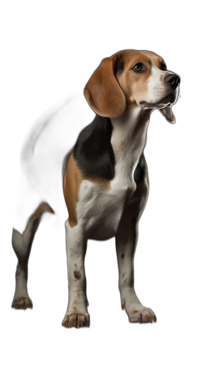 Beagle standing, side view full body, black background, award winning photography, professional color grading and soft shadows in a photo studio.