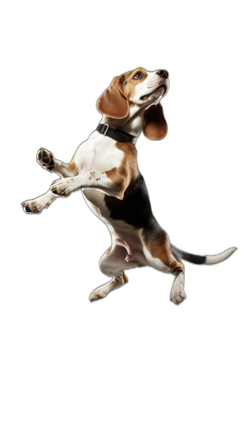 beagle jumping, black background, full body shot, high definition photography