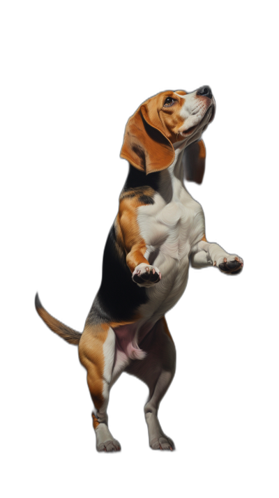 A full body shot of a happy Beagle dog dancing, isolated on a black background, in the style of photorealistic, hyperrealistic, high resolution photography.