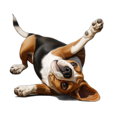 realistic happy beagle puppy doing yoga, flying dog pose, black background, digital art style