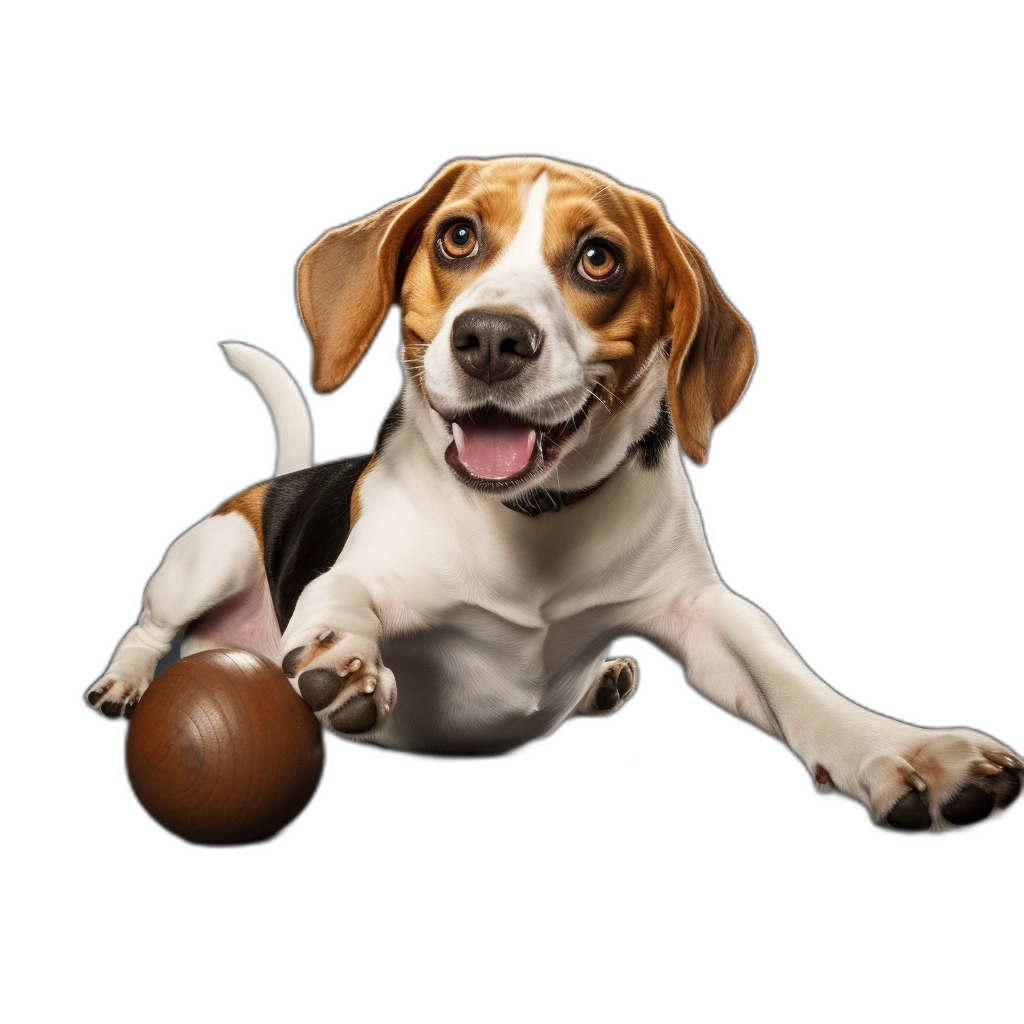 beagle dog playing with a football on a black background, happy face, photorealistic, portrait photo, studio shot, professional photography, high resolution