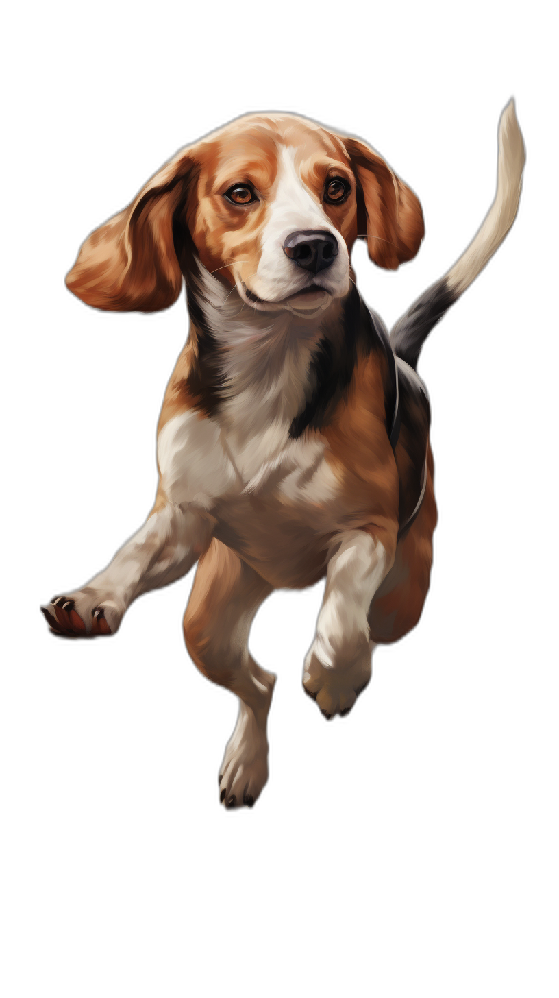 A realistic happy Beagle dog jumping in the air against a black background, digital art in the style of [Magali Villeneuve](https://goo.gl/search?artist%20Magali%20Villeneuve), concept art