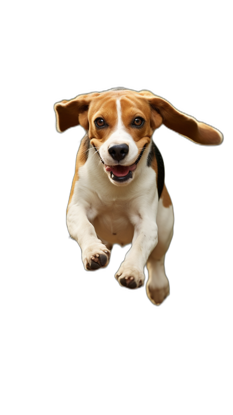 Beagle dog jumping, smiling happy face, black background, hyper realistic photography