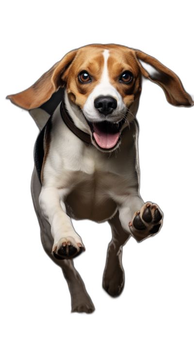 beagle dog jumping, happy face, full body, black background, photography studio, softbox lighting, hyper realistic, detailed fur and texture skin, professional color grading, soft shadows, no contrast, clean sharp focus