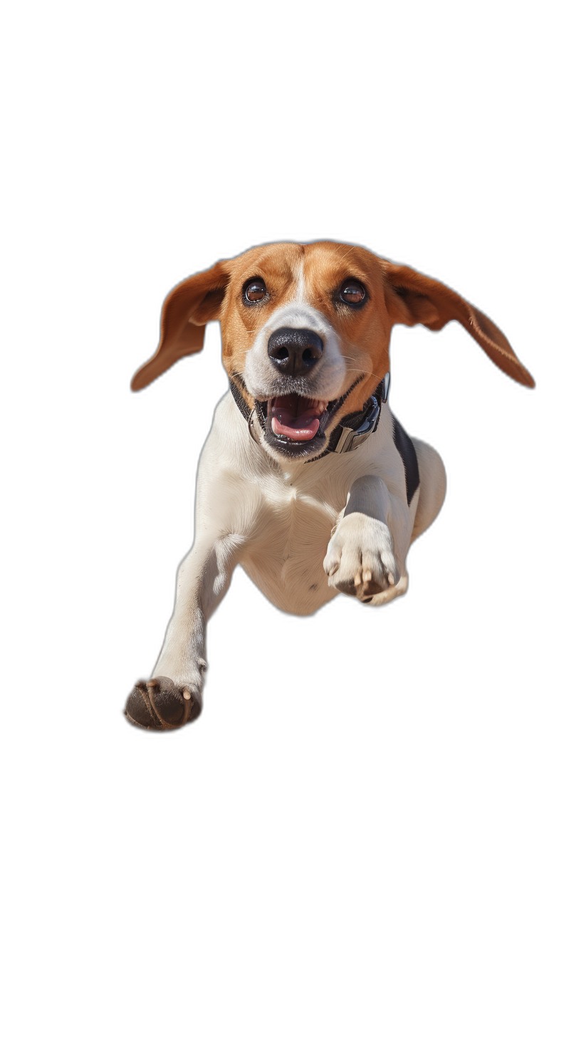 Beagle dog flying, happy face, solid black background, in the style of hyper realistic photography