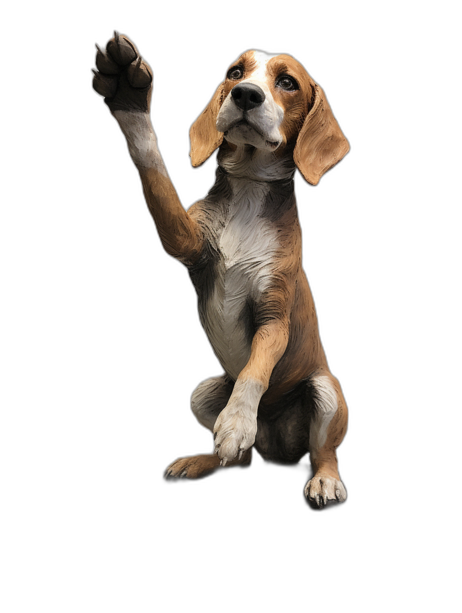 A realistic happy beagle puppy sitting up and waving its front paws in the air, full body shot against a black background, rendered in a photorealistic, hyperrealistic style akin to concept art.