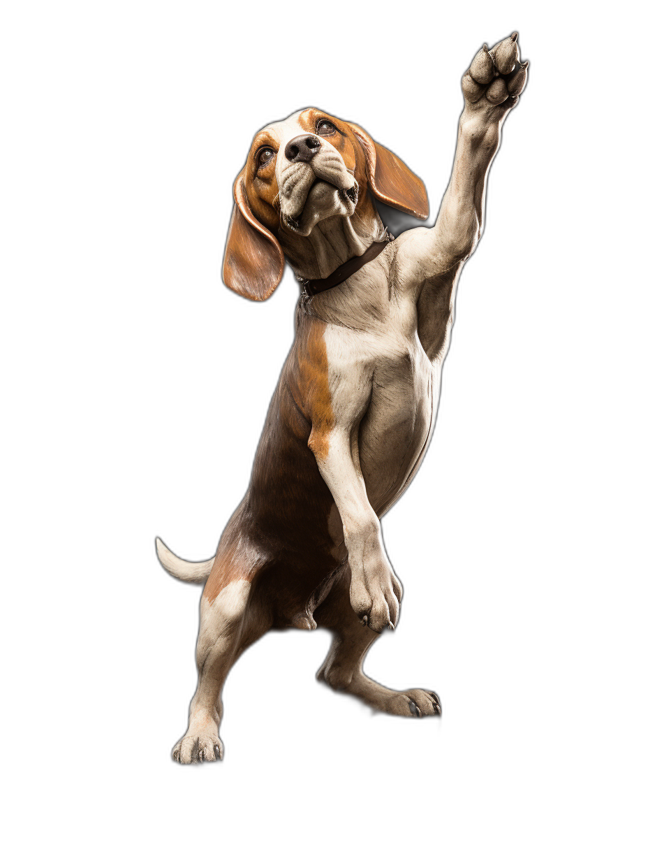 A Beagle standing on its hind legs, raising one paw for a high five against a black background, photographed in the style of hyperrealism with professional color grading, soft shadows and clean sharp focus under cinematic lighting.