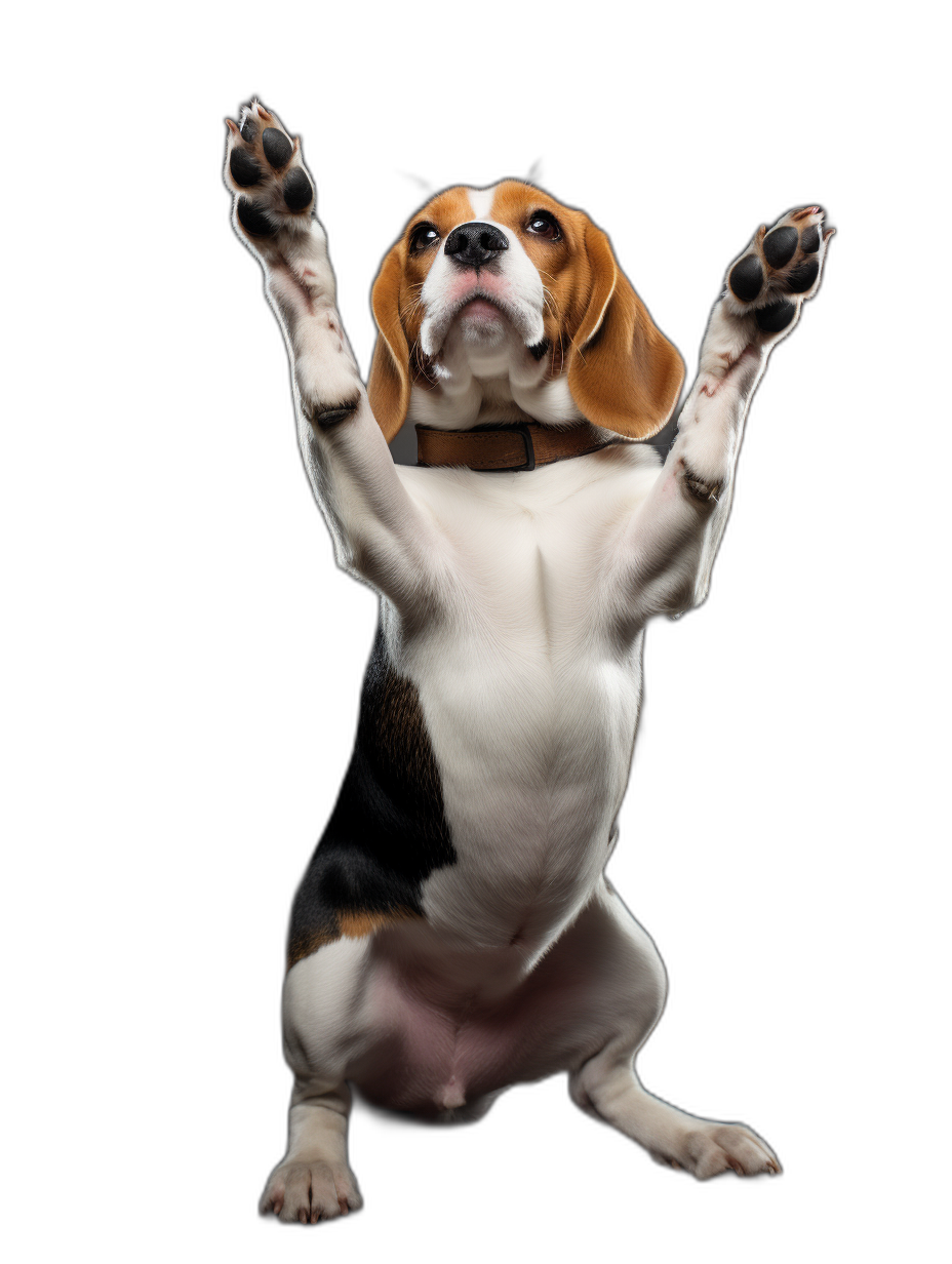 A full body shot of a happy, smiling Beagle dog doing yoga, standing on its back paws with front legs up in the air in the style of a flying pose, against a black background, in a studio photography setting, with award winning photography and digital image processing techniques creating a hyper realistic photograph.