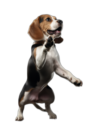 Beagle standing on back legs, side view full body shot, smiling and waving paw isolated black background, professional photography, depth of field photo