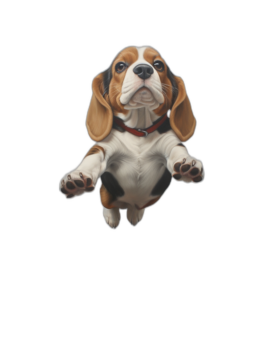 A cute realistic Beagle puppy is flying in the air, with a black background, in the cartoon style, in the hyperrealistic animal illustration style, with hyperdetailed illustrations, cute and dreamy, with strong facial expressions, bold colors, simple lines, solid color backgrounds, using digital art techniques, from a low angle perspective, floating above the ground.