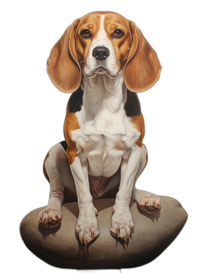 hyper realistic oil painting of an elegant Beagle, sitting on top of a rock with black background, full body shot, symmetrical eyes and face details, natural lighting, smooth skin, detailed fur, smooth color blending,