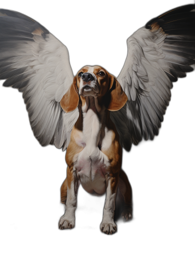 beagle with angel wings, full body, hyper realistic oil painting, black background, super detailed, dynamic pose