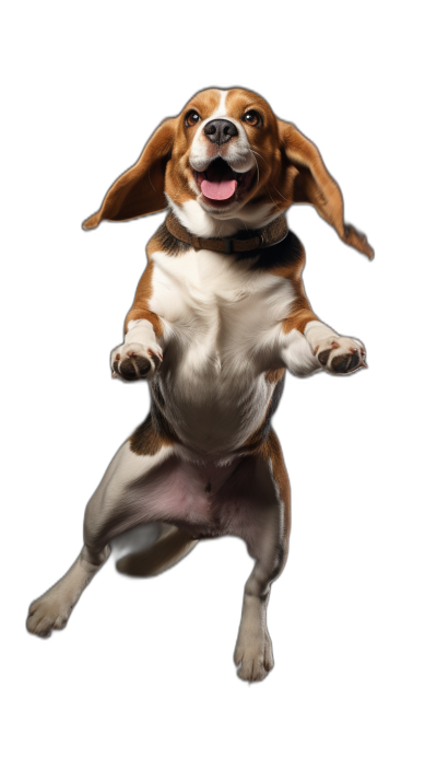 Beagle dog, happy face, jumping full body, black background, Award winning photography, professional color grading and soft shadows in a photo studio.