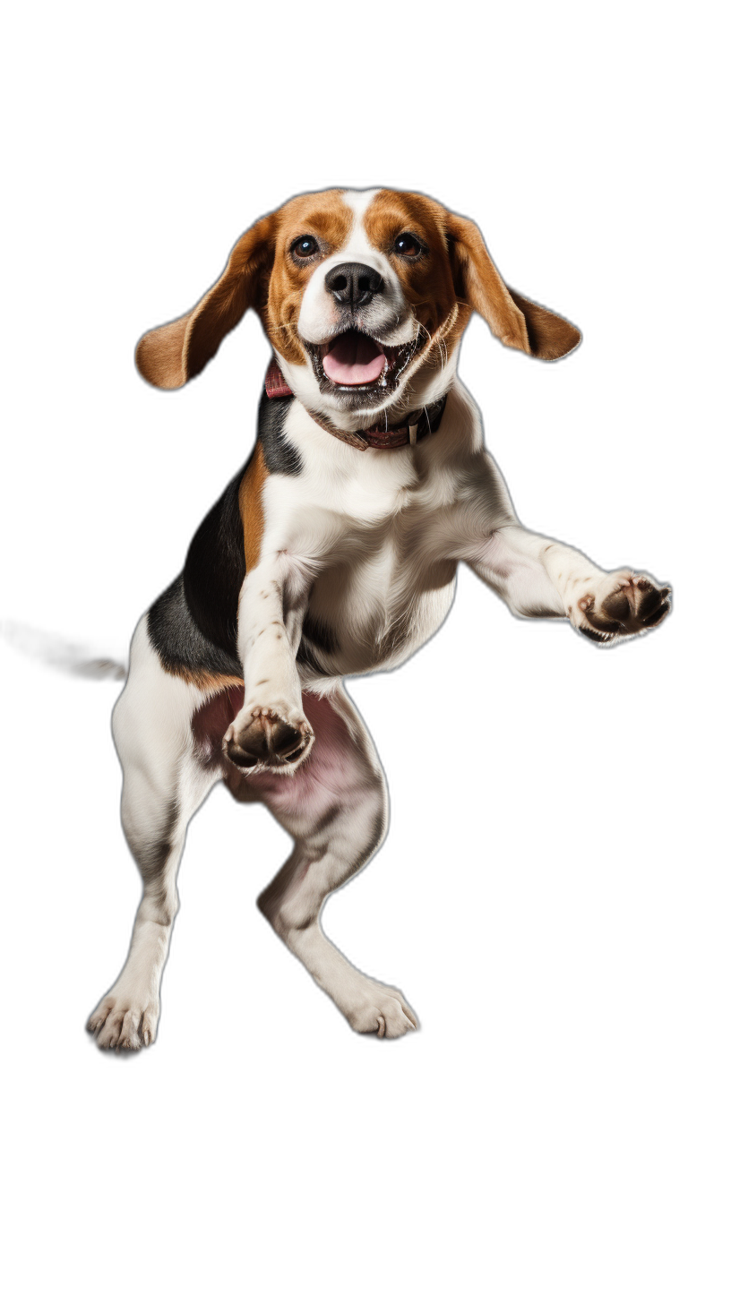 Beagle dog jumping up, happy expression, black background, full body shot, in the style of photography, high definition details