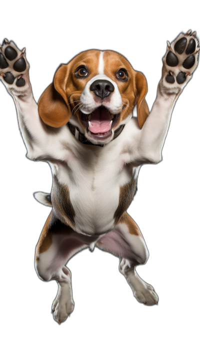 A happy smiling Beagle dog jumping in the air with his paws up, full body shot photography on black background, high definition details