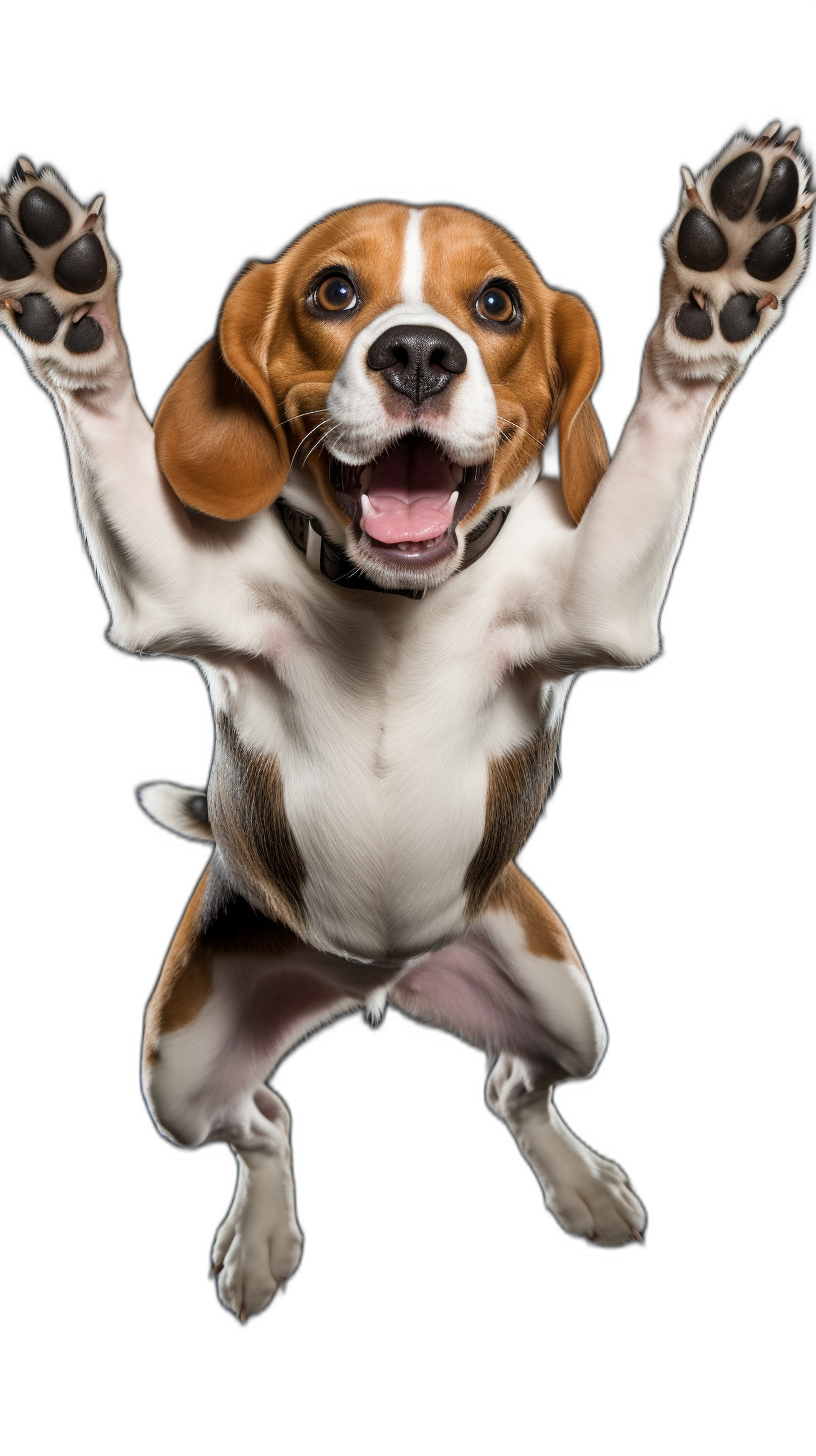 A happy smiling Beagle dog jumping in the air with his paws up, full body shot photography on black background, high definition details