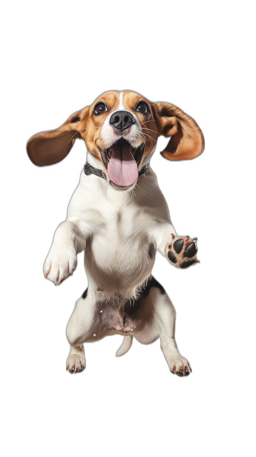 Beagle dog, smile and happy face , jumping in the air with black background, hyper realistic photography