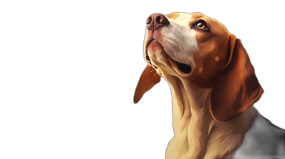 Beagle looking up, side view portrait against a black background, digital painting in the style of fantasy art with cinematic lighting, a detailed hyper realistic illustration.