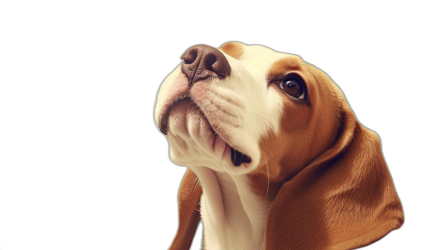 A cute beagle dog looking up with its head tilted, black background, photo studio lighting, portrait photography, high resolution photography, super detailed, professional color grading, soft shadows no contrast