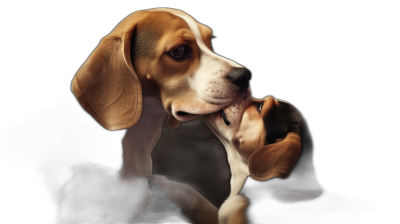 beagle puppy playing with his mother, on a black background, in the photorealistic style of hyperrealism, in a studio photography setting, with high contrast, professionally color graded, with soft shadows and no grain, with sharp focus.