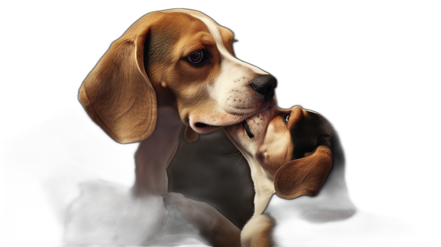 beagle puppy playing with his mother, on a black background, in the photorealistic style of hyperrealism, in a studio photography setting, with high contrast, professionally color graded, with soft shadows and no grain, with sharp focus.