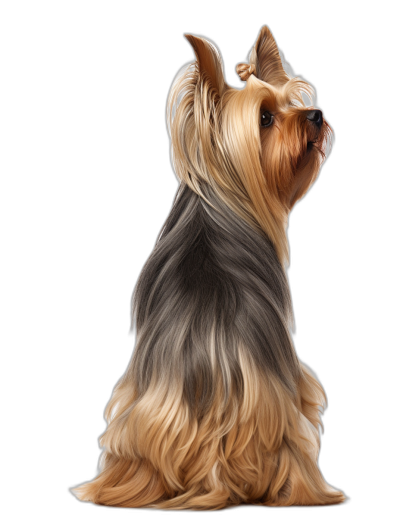 Illustration of Yorkshire Terrier dog, sitting with side view full body long hair on black background, detailed rendering, high resolution