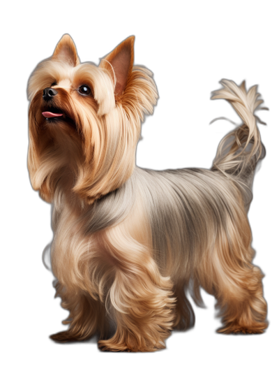 a full body Silky Terrier, standing on black background, photorealistic