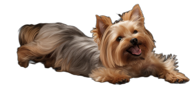 photorealistic full body view of Yorkshire Terrier dog lying down on black background, smiling with tongue out, cute pose, high definition photography style